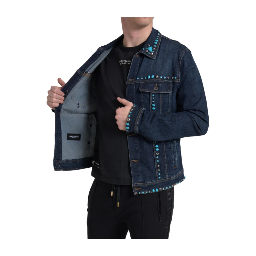 Dolce & Gabbana Turquoise Denim Jack met Versieringen Blue Heren