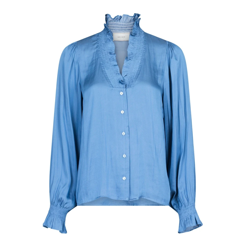NEO NOIR Satin Blouse met Smock Details Blue Dames