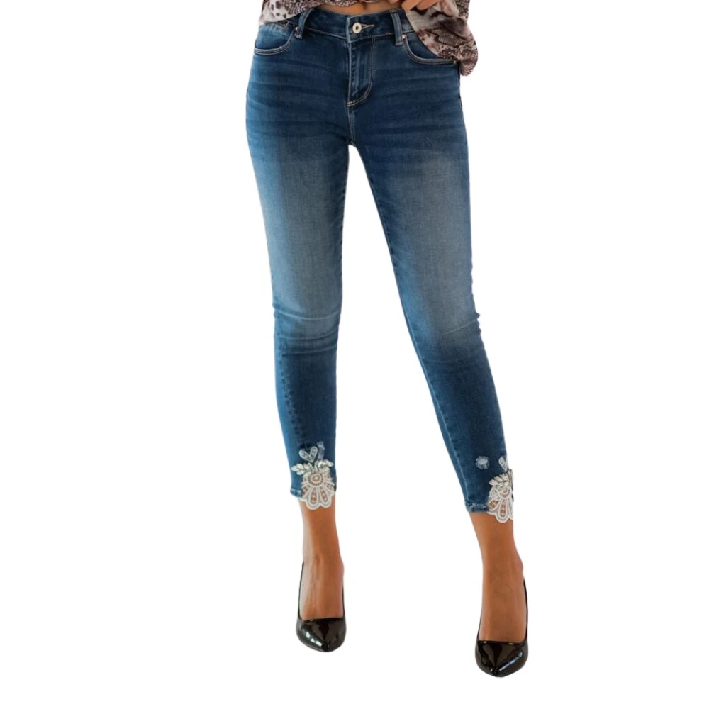 Fracomina Skinny Jeans med Push-Up Effekt och Spetsapplikationer Blue, Dam