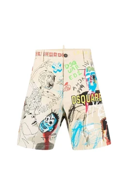 Flerfärgade graffiti-mönstrade knälånga beige chinosshorts