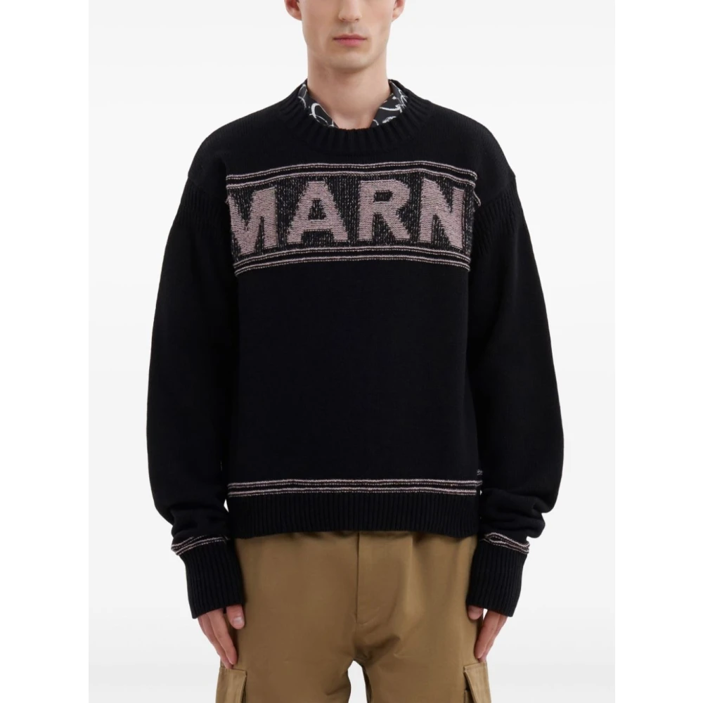 Marni Intarsia Logo Wollen Trui Black Heren
