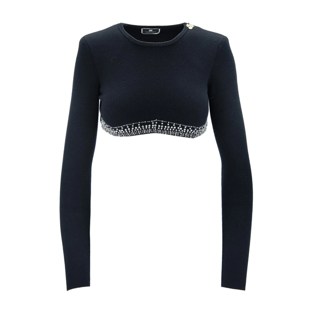 Elisabetta Franchi Lange Mouw Crop Top met Versieringen Black Dames