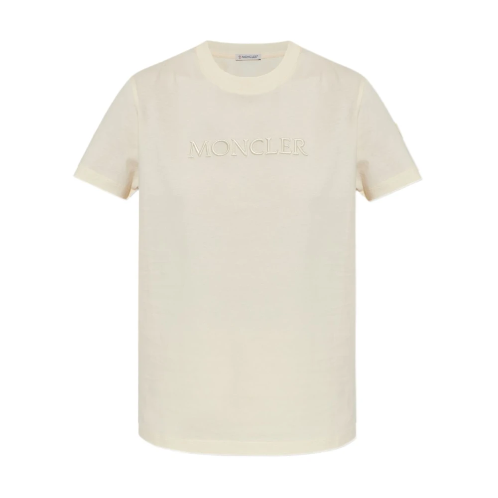 Moncler Donna Beige - T-Shirt In Cotone Con Logo Tono Su Tono Ricamato - Tops - S