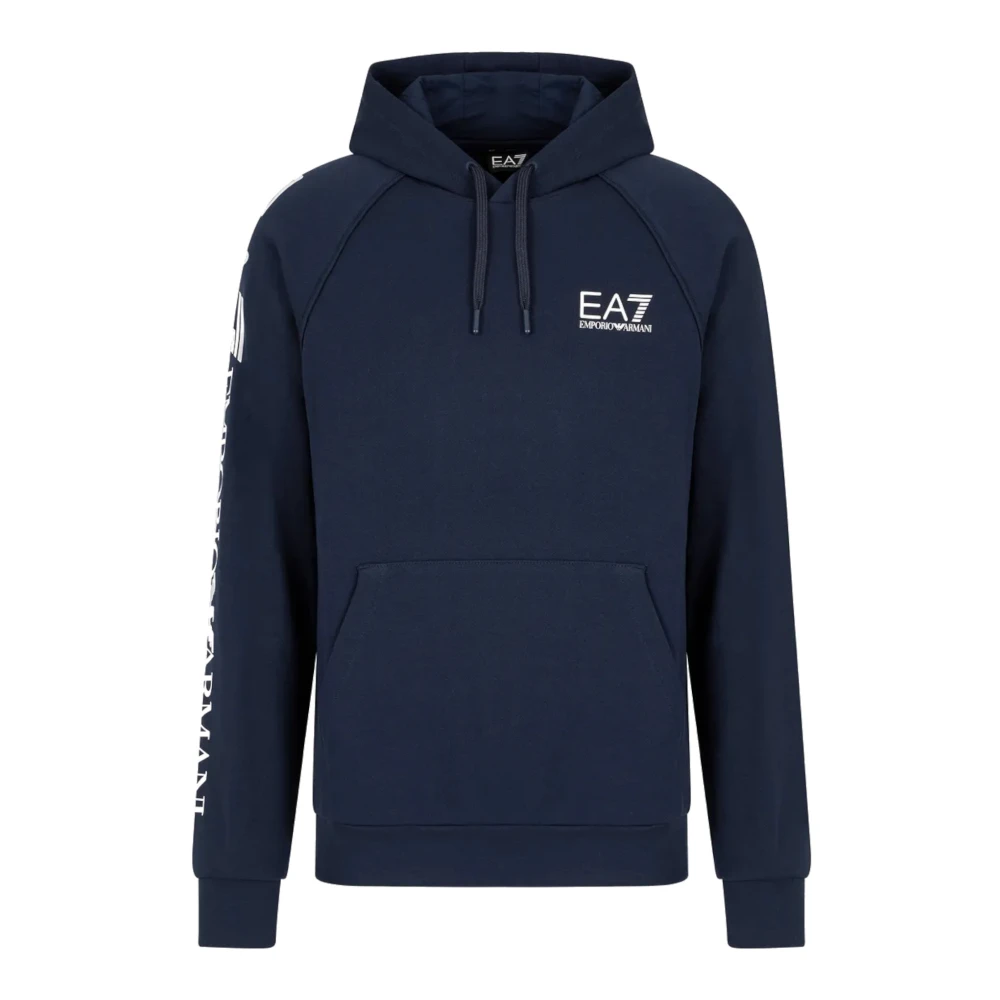 Emporio Armani EA7 Blauwe hoodie met wit logo lettertype Blue Heren