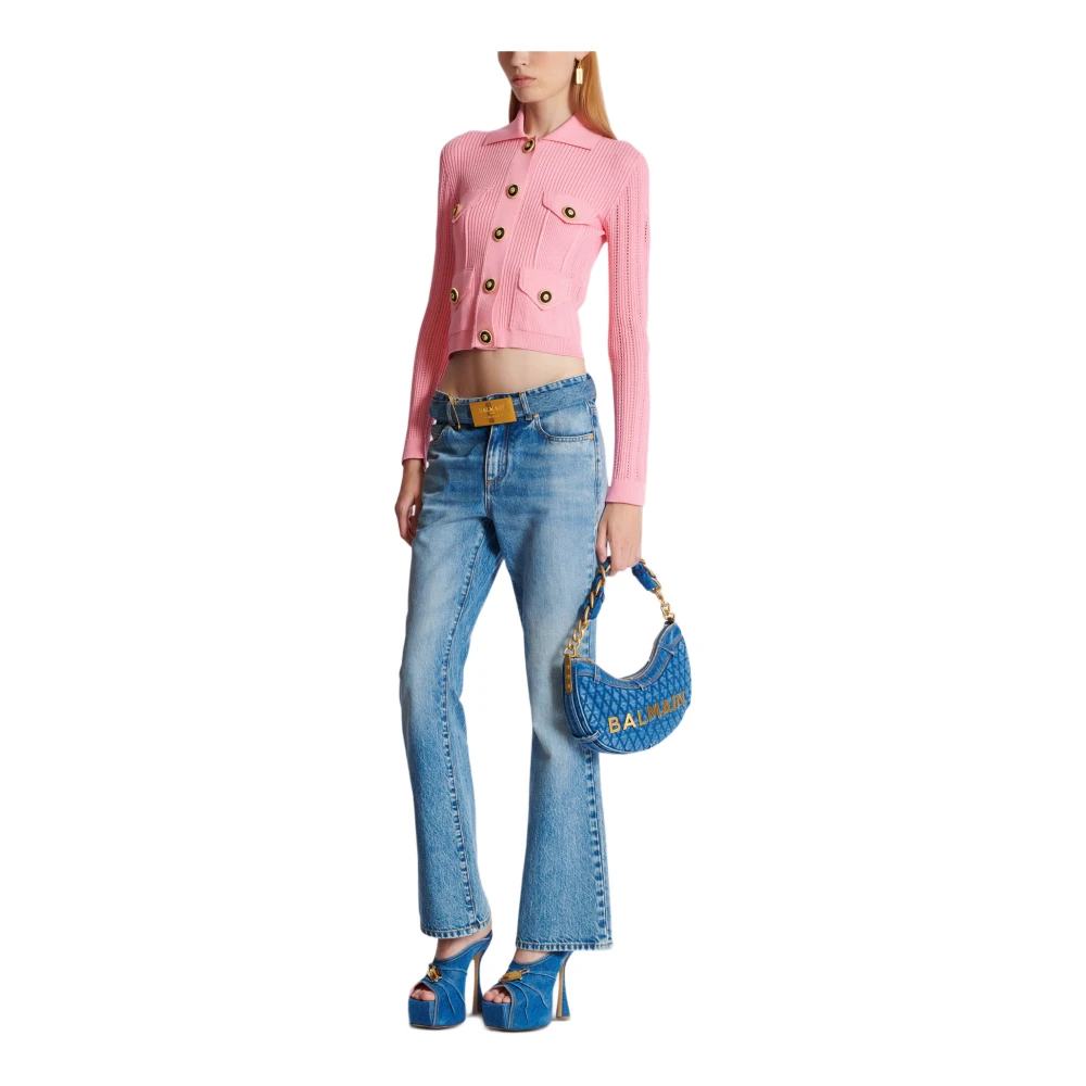 Balmain Geknipte geribbelde gebreide vest met ajourdetails Pink Dames