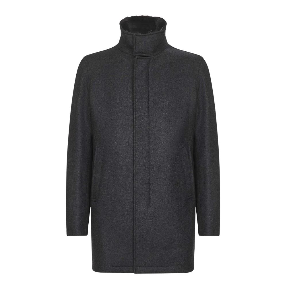 Herno Men's Grey Wool Blend Coat With Faux Fur Collar