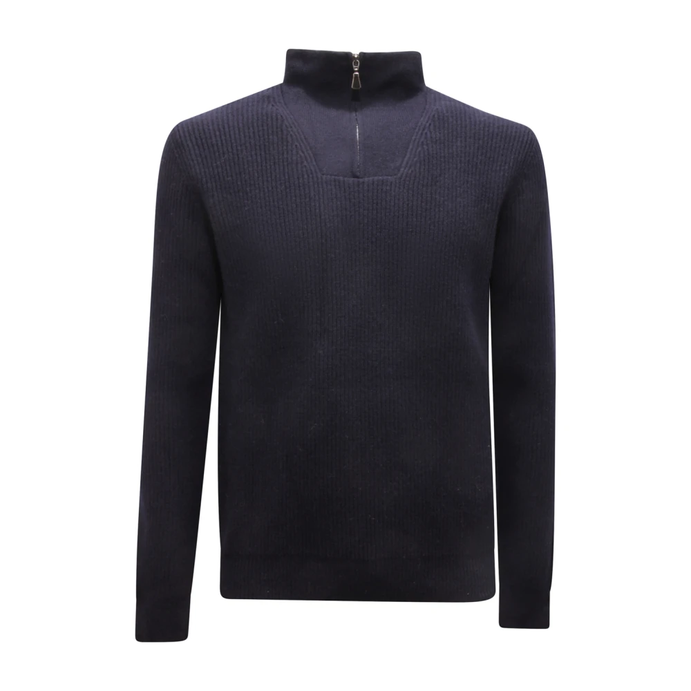 Alpha Studio Men's Blue Wool Mid-Zip Jumper In Night - Turtlenecks - L - Knitwear