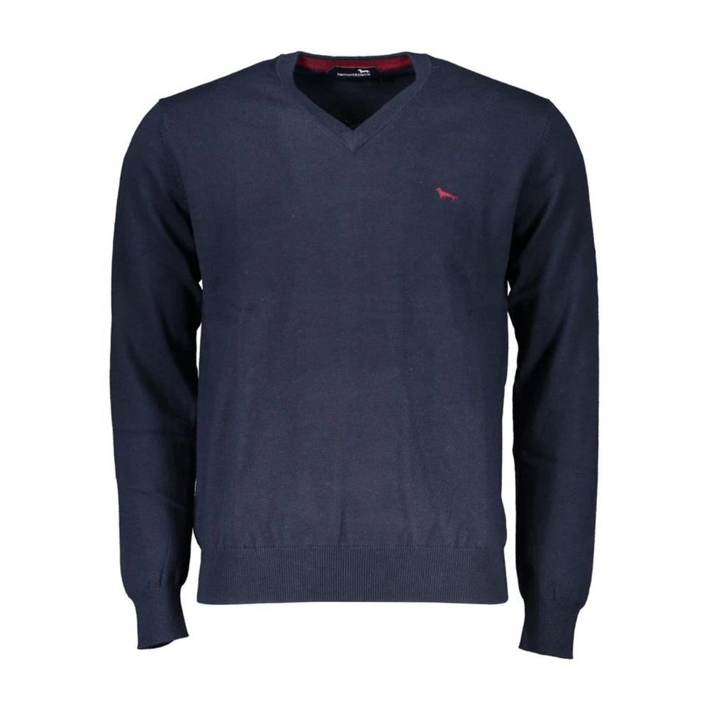 Harmont & Blaine Men's Blue Embroidered Cotton V-Neck Jumper - V-Neck Knitwear - 2XL - Knitwear