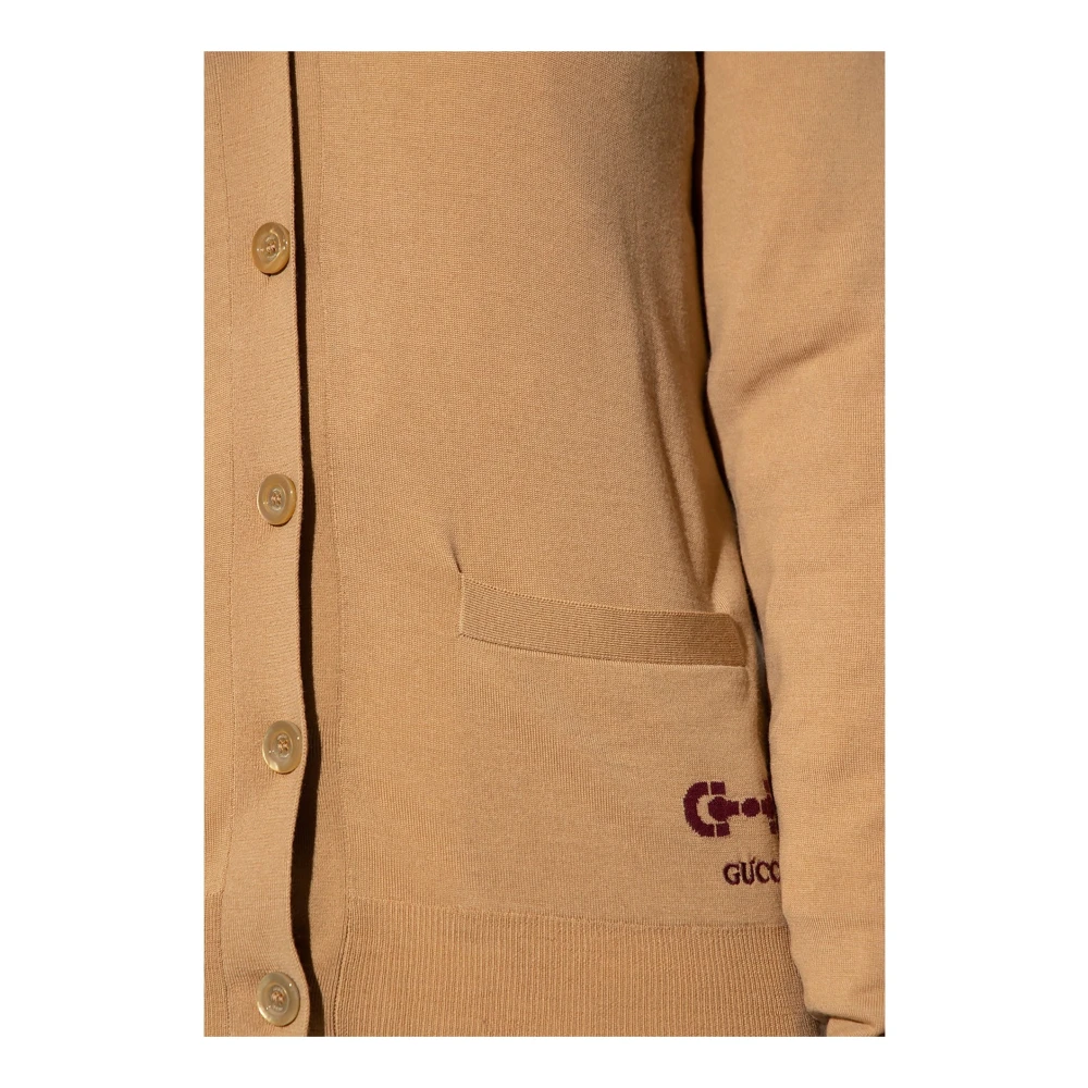 Gucci Wollen Cardigan met Logo en Horsebit Borduursel Brown Dames
