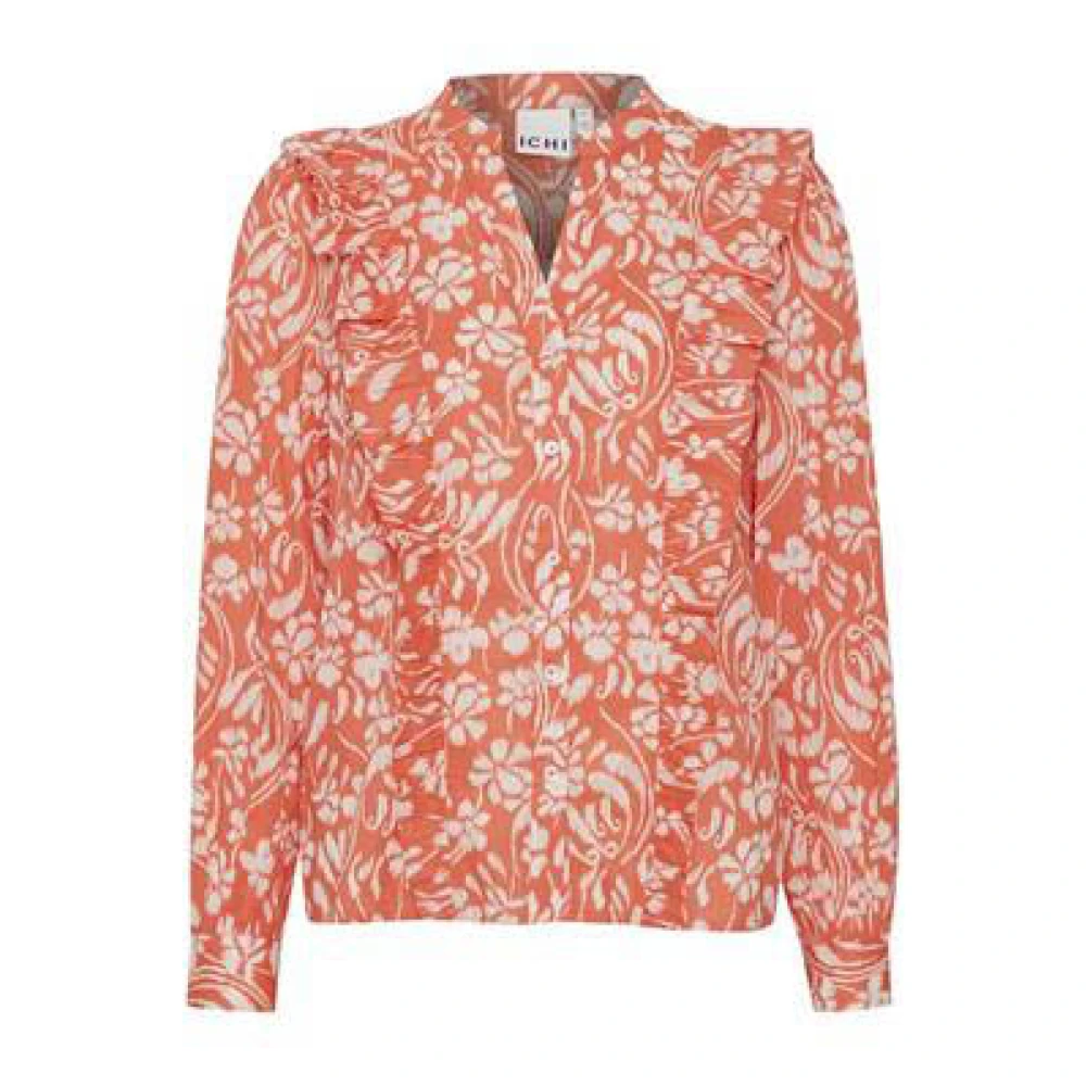Ichi Hot Coral Flower Print Shirt Blouse Orange Dames