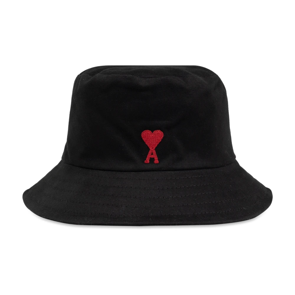 Ami Paris Zwarte Katoenen Logo Geborduurde Platte Rand Hoed Black Heren