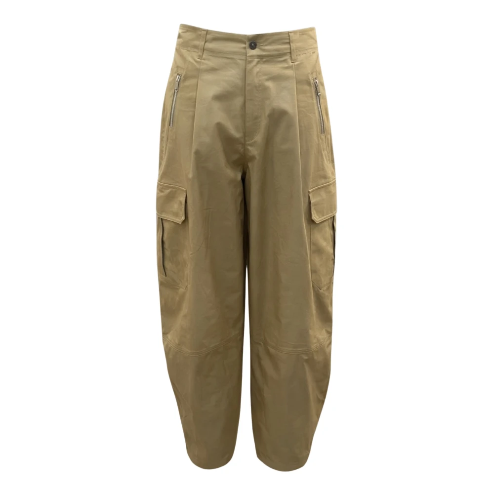 Meimeij Women's Beige Wide Trousers, Xl, Trousers With Side Patch Pockets And Front Metal Zip