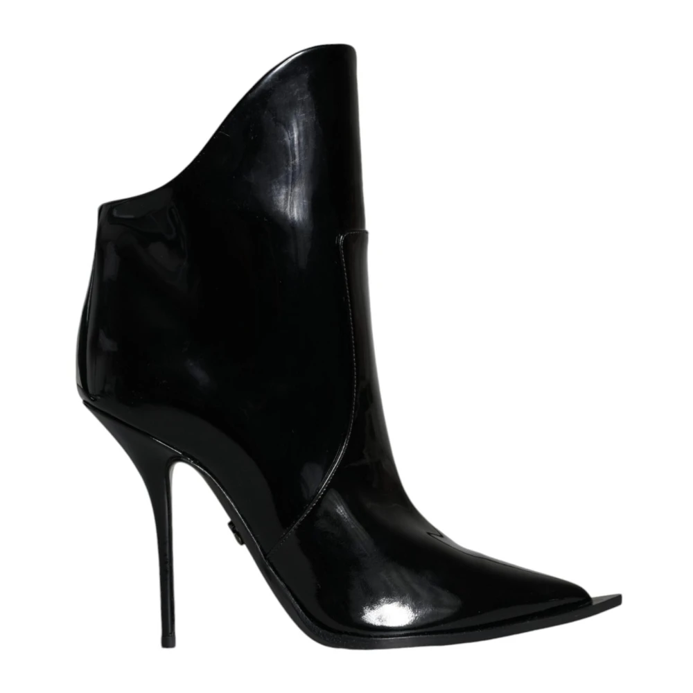 Dolce & Gabbana Women's Black Heeled Boots, 6 Uk, Patent Leather Logo Ankle Boots