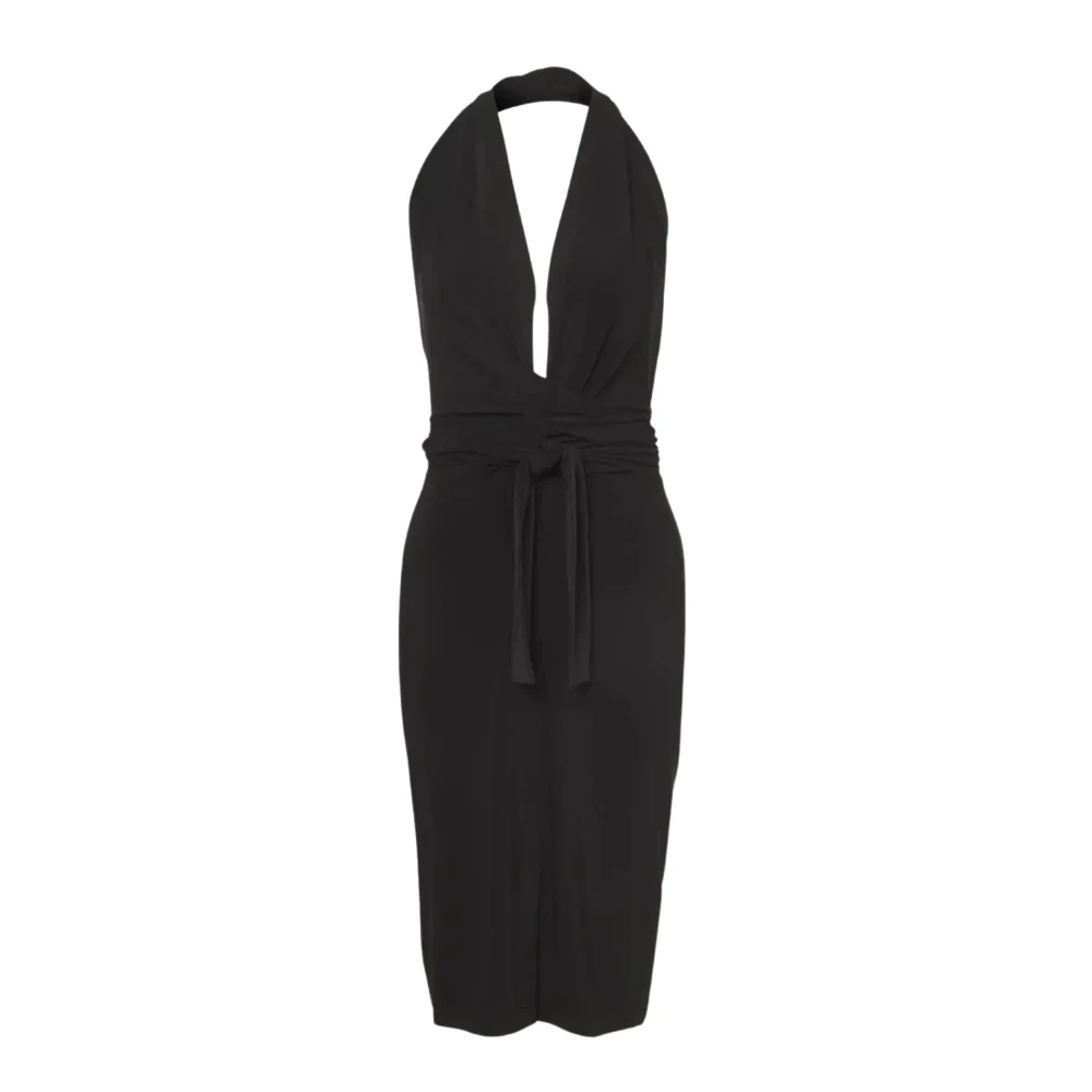 Norma Kamali Zwarte V-hals Midi Jurk met Taille Strik Black Dames