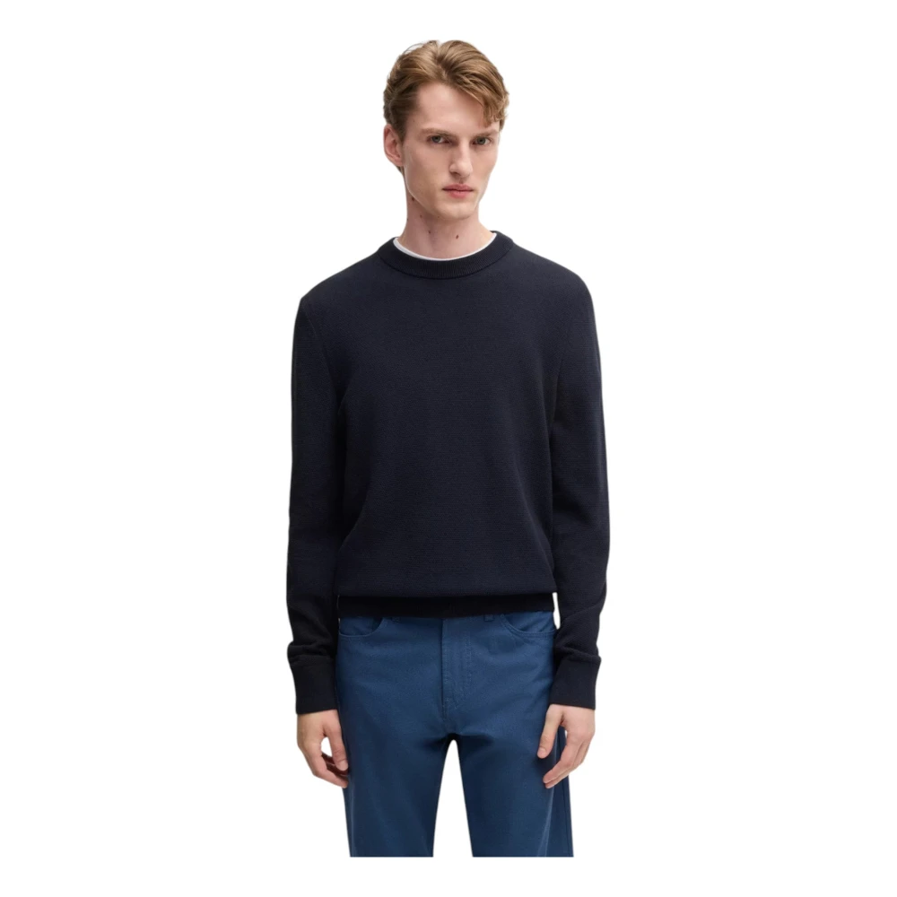 Hugo Boss Navy Katoenen Trui met Microstructuur Blue Heren