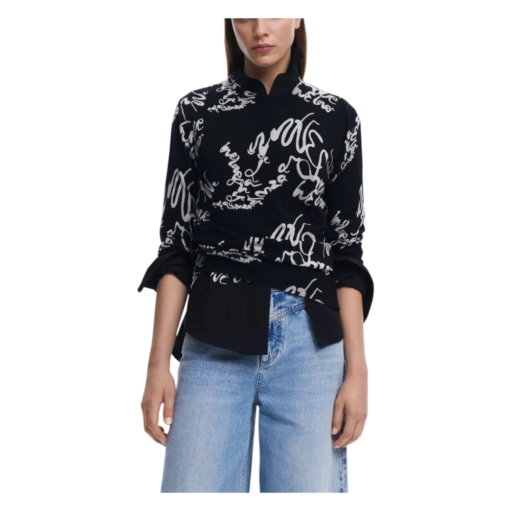 Desigual Women's Black Round-Neck Knitwear,, Printed Long Sleeve Knitwear Extra Small