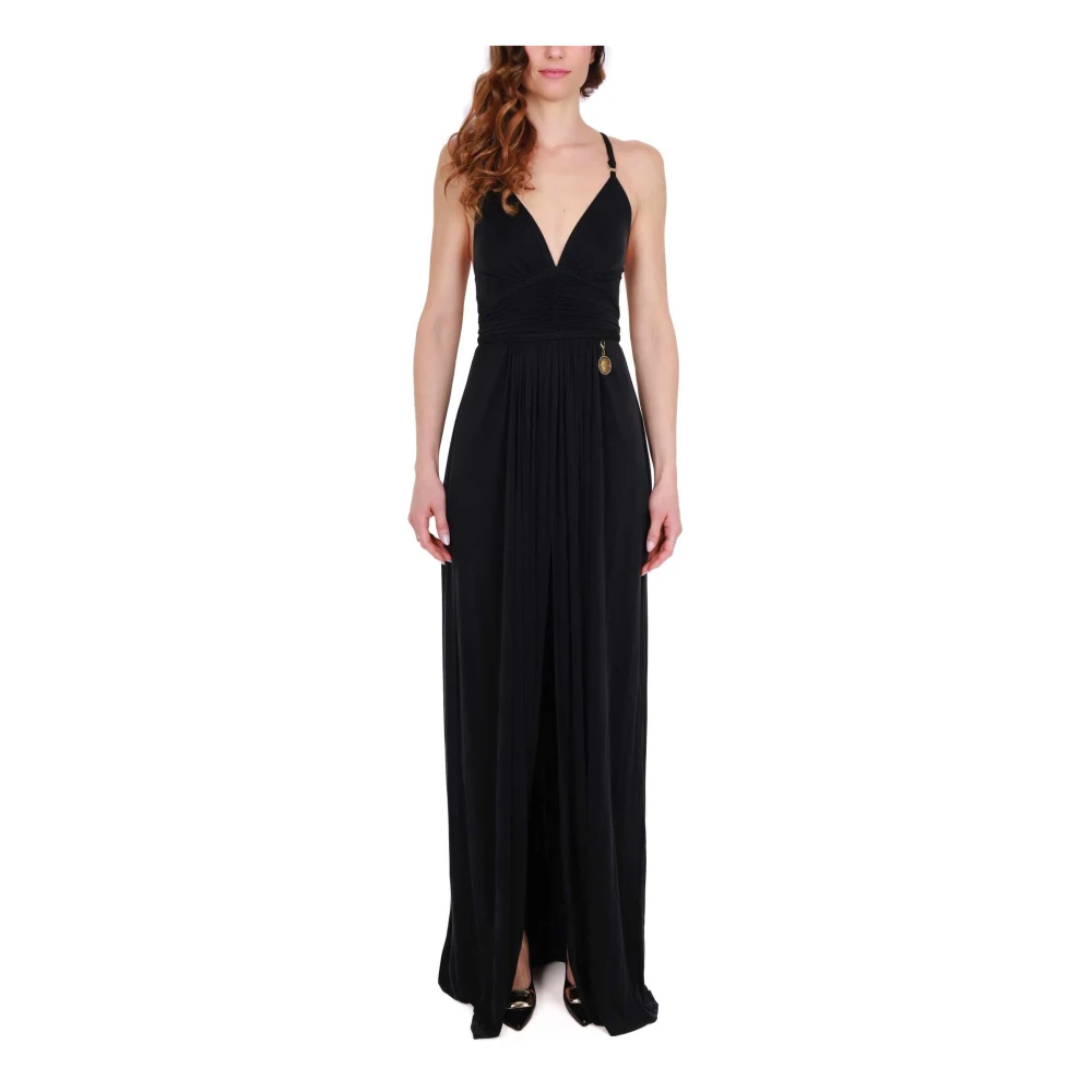 Elisabetta Franchi Zwarte Jersey Lange Jurk Dunne Bandjes Black Dames