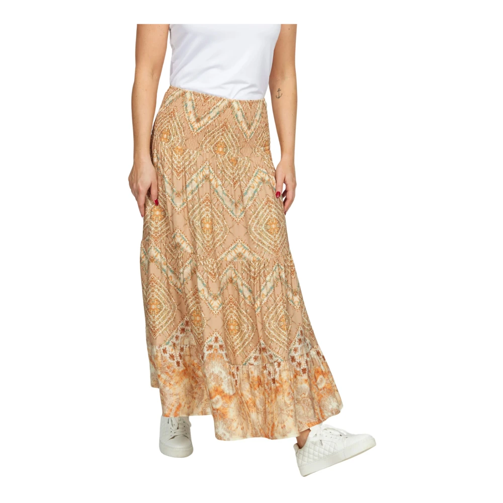 2-Biz Wijdvallende Rok Sand Batique Print Beige Dames