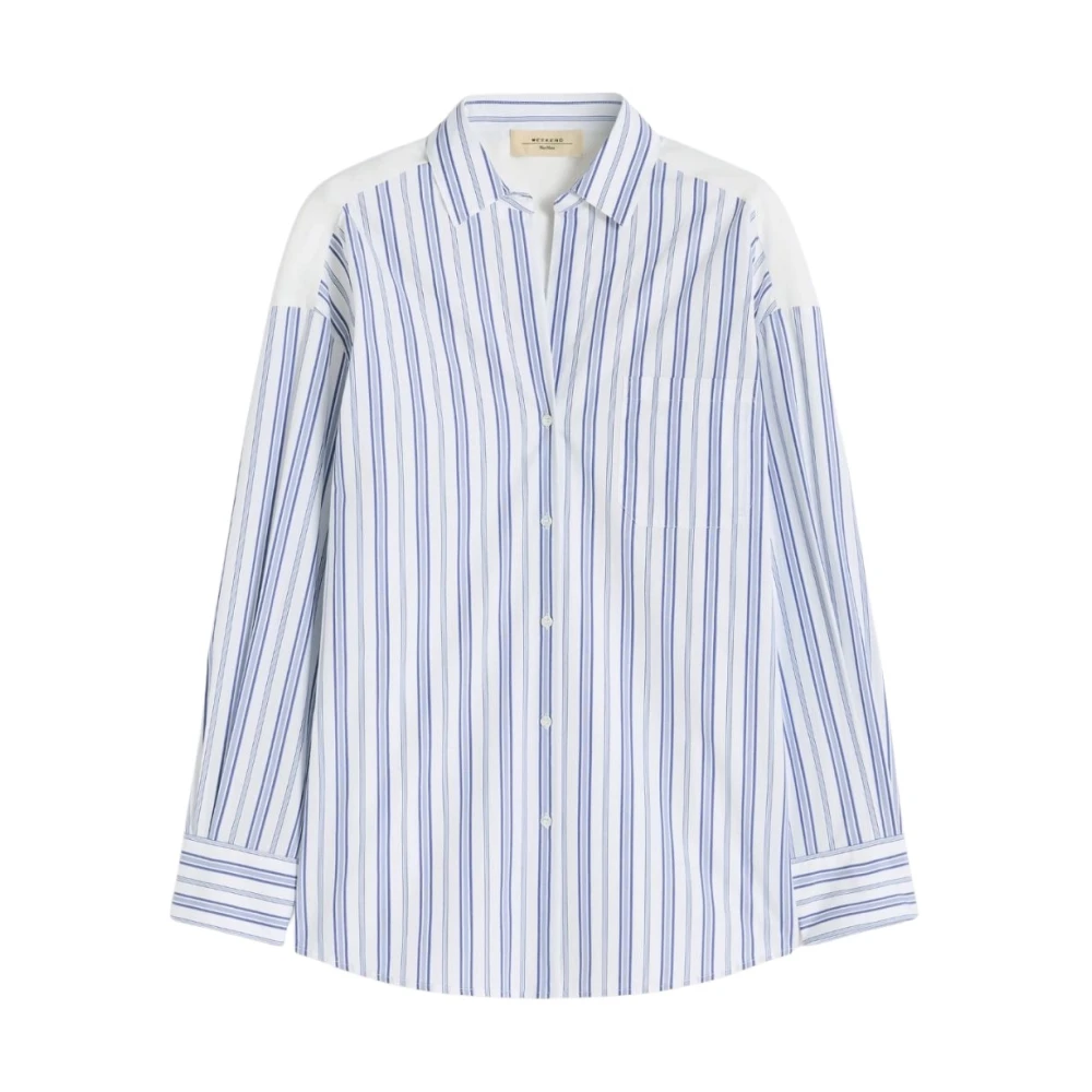 Weekend Max Mara Vrouw Blauw Overhemden Dames, 2XS, Katoen, Tessile Gestreepte Poplin Blouse Met Ajourdetails En Knoopsluiting