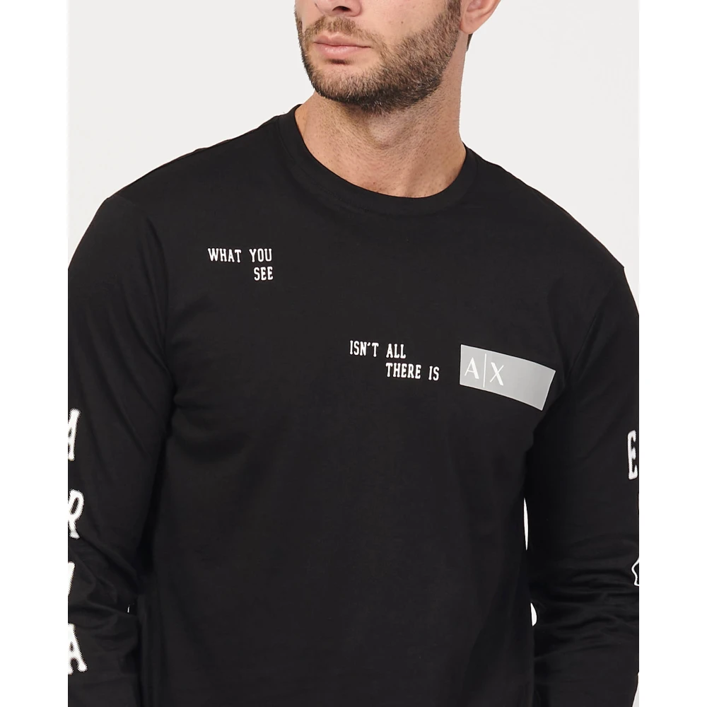 Armani Exchange Lange mouwen katoenen T-shirt met print op de voorkant en mouwen Black Heren