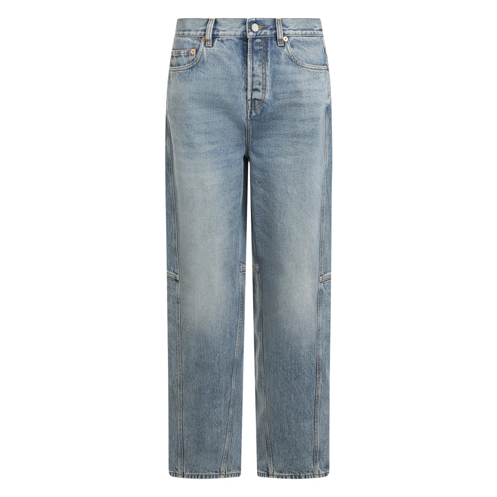 Gucci Blue Wide-Leg Jeans With Leather Logo - Female - Straight Fit Jeans - W26 - Jeans