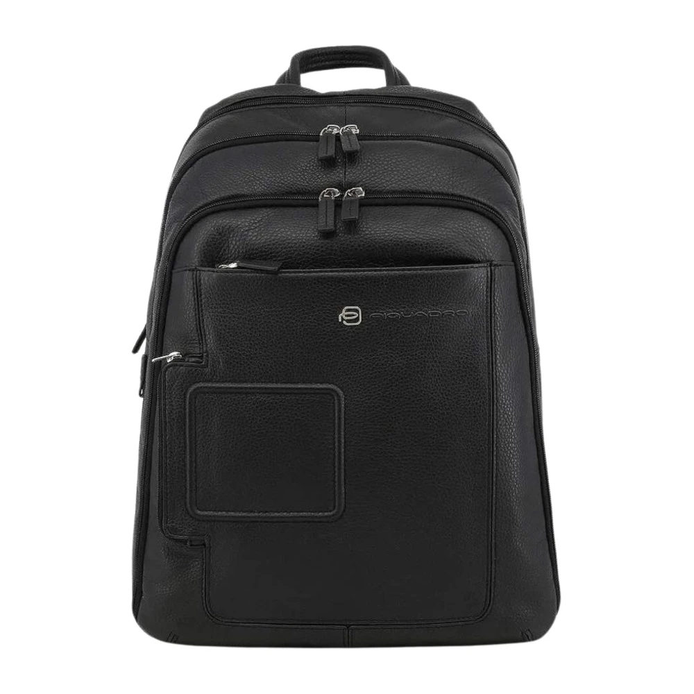 Piquadro Men's Black Backpacks, One Size, Leather Laptop Backpack Multifunctional