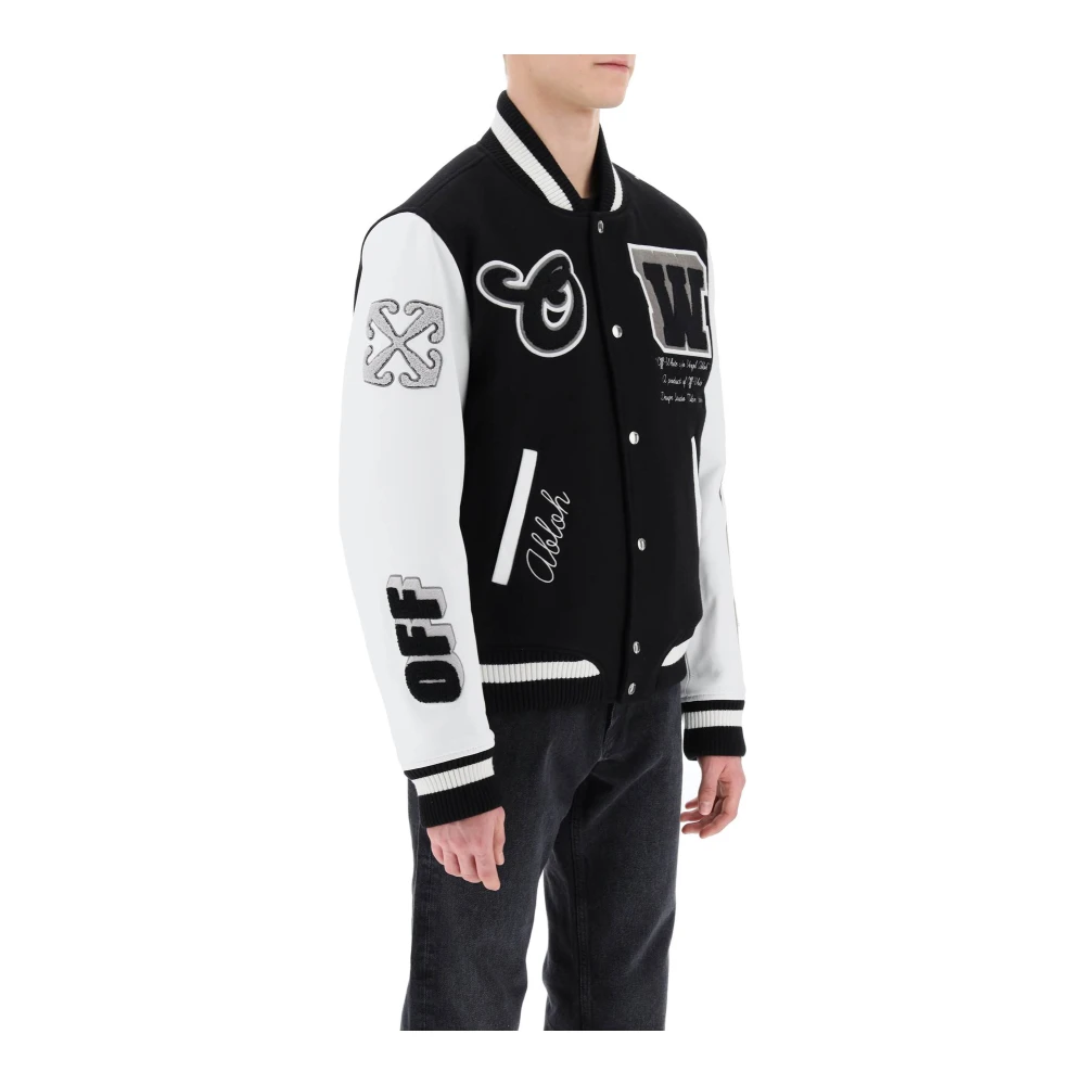 Off White Varsity Bomber Jacket med läderärmar Multicolor, Herr