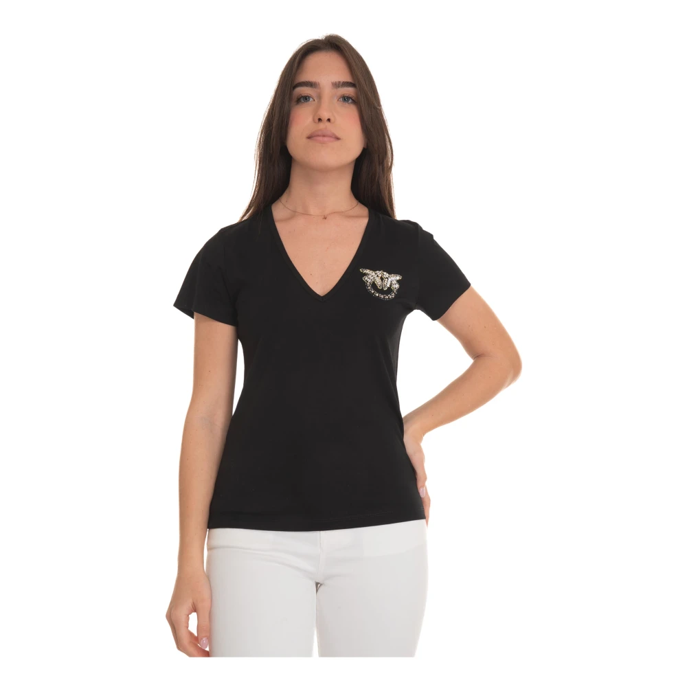 Pinko Rhinestone V-hals Katoenen T-shirt Black Dames