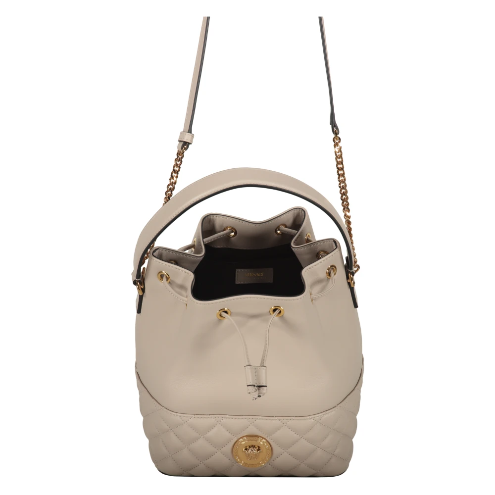 Versace Leren Bucket Bag met Trekkoordsluiting Beige Dames