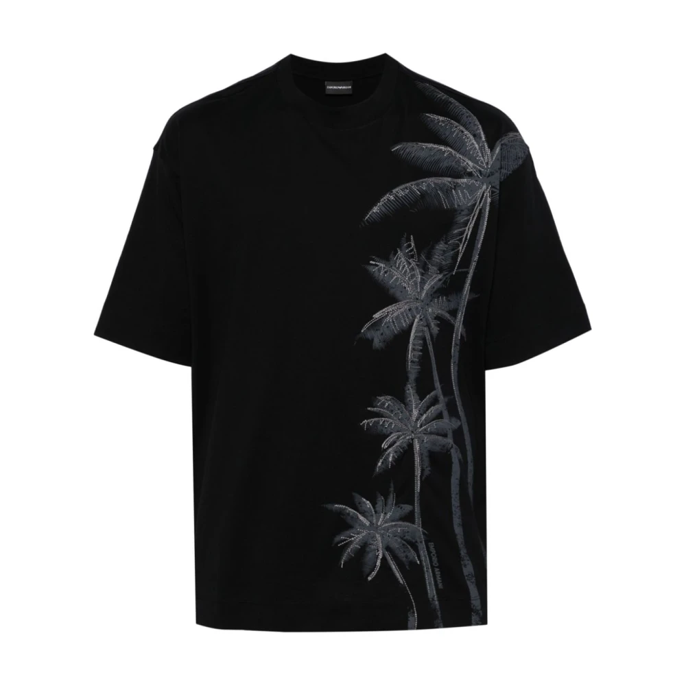 Emporio Armani Zwart Palmboomprint T-shirt Black Heren