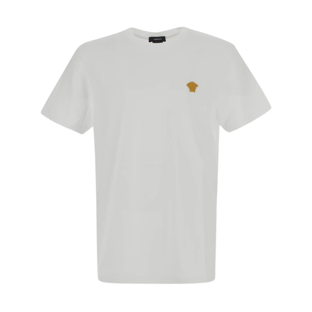 Versace Mannelijk Wit Tops Heren, Xl, Katoen, Gouden Medusa Geborduurd T-Shirt