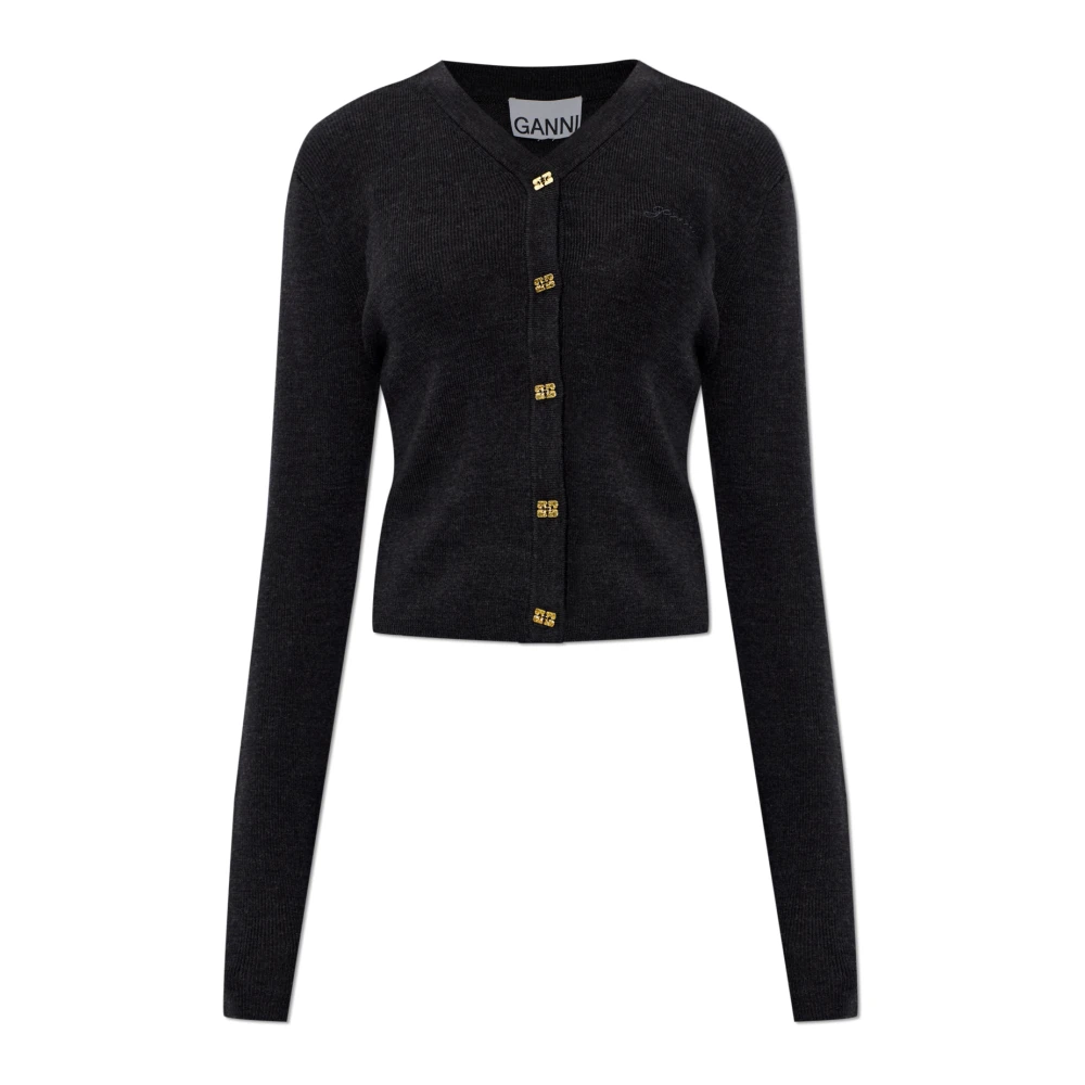 Ganni Wool Cardigan With Embroidered Logo - Female - Cardigans - Black - M - Knitwear