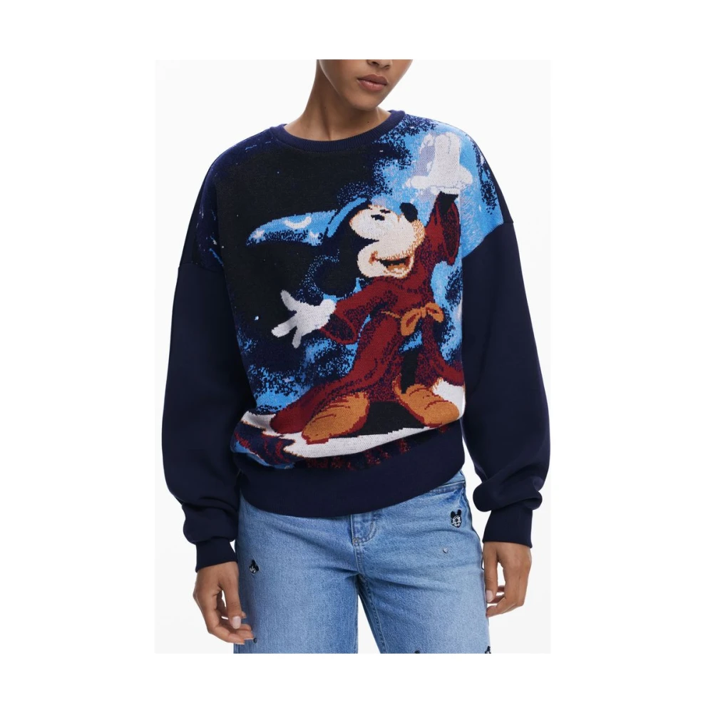 Desigual Women's Blue Round-Neck Knitwear,, Jumper With Mickey Print Small