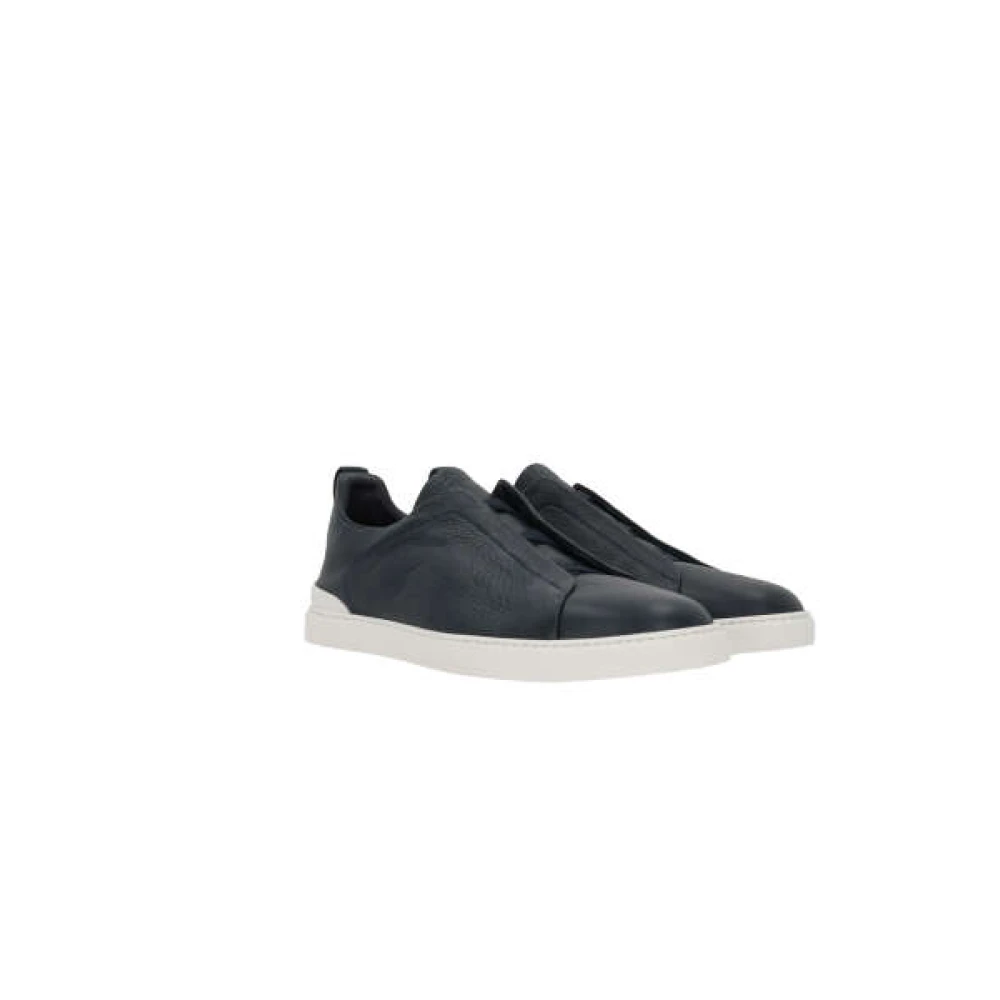 Ermenegildo Zegna Donkerblauwe Gehamerde Leren Instap Sneakers Blue Heren