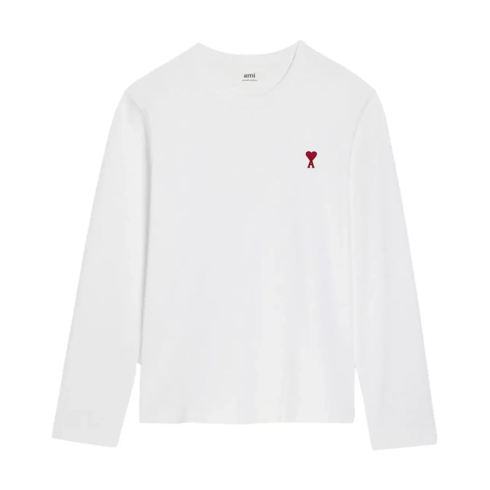Ami Paris Rode Geborduurde Longsleeve T-Shirt White Heren