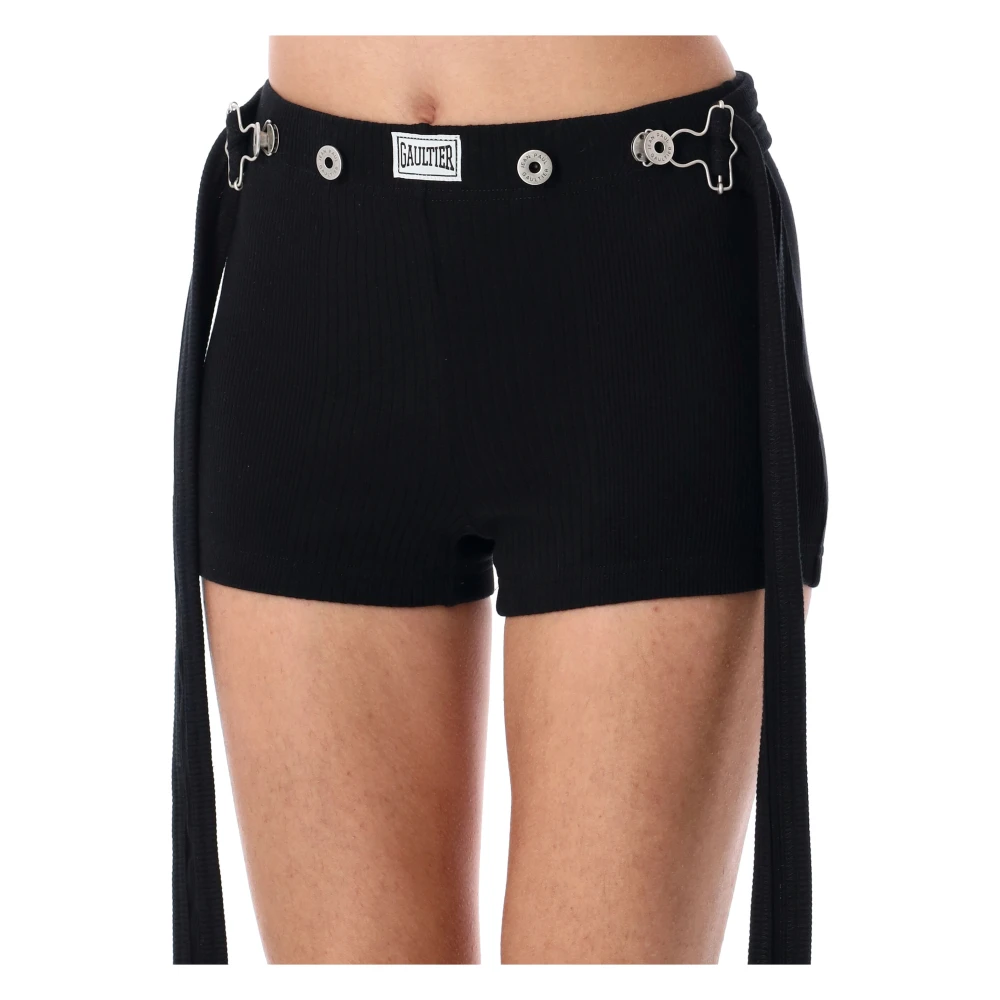 Jean Paul Gaultier Zwarte Geribbelde Elastische Taille Shorts Black Dames