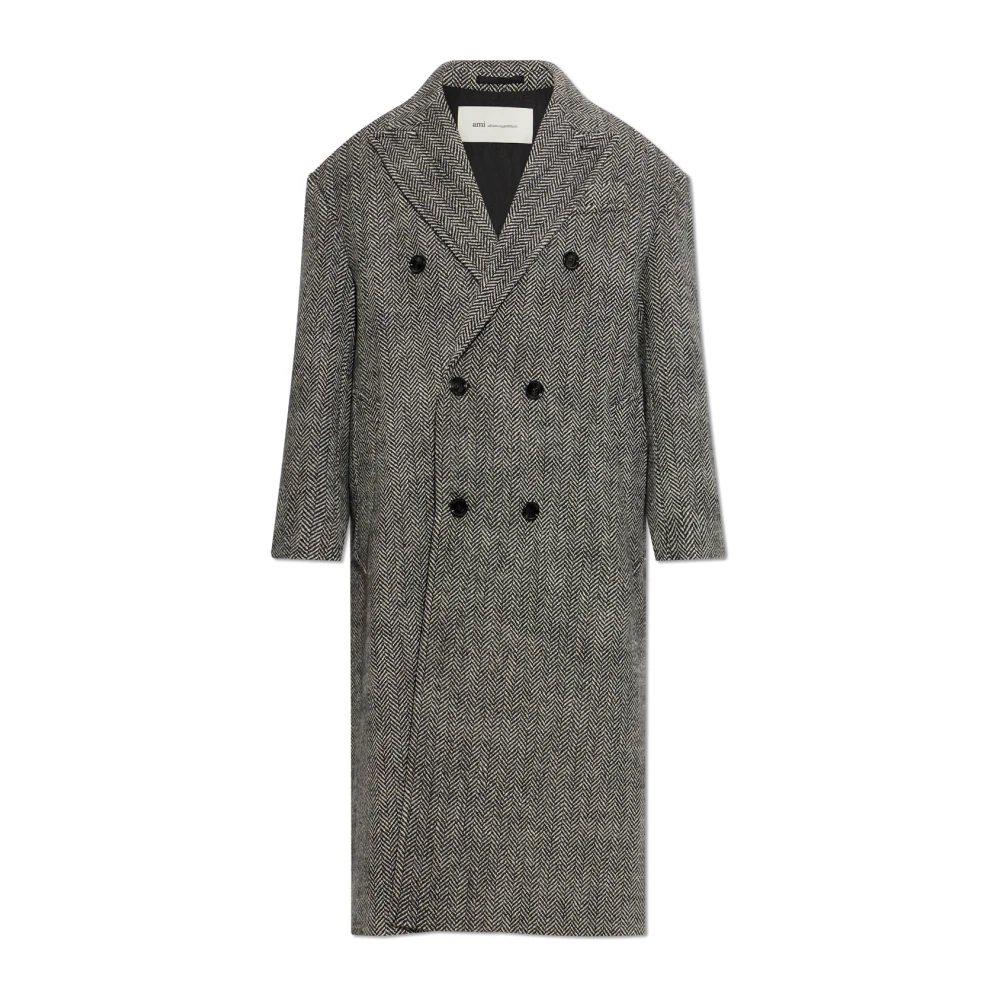 AMI PARIS | Cappotto lungo in lana a spina di pesce nero ed ecrù | | 48 - Immagine 3
