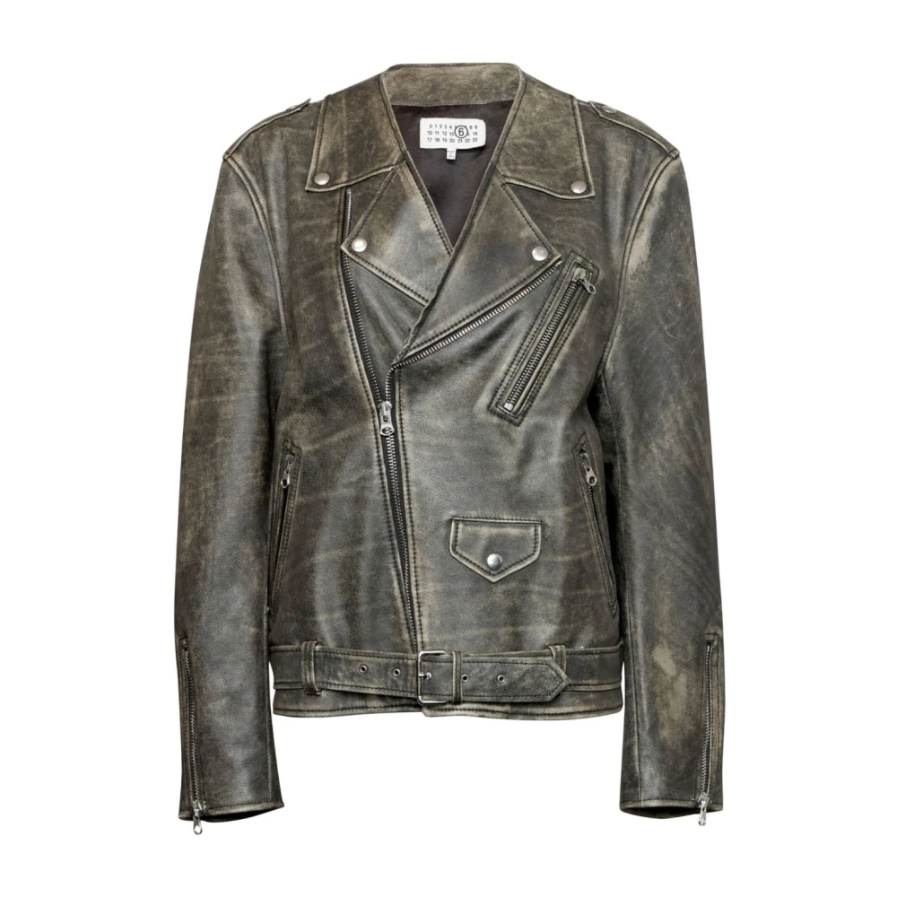 MM6 Maison Margiela Heavy Leather Biker Jacket Brown Dames