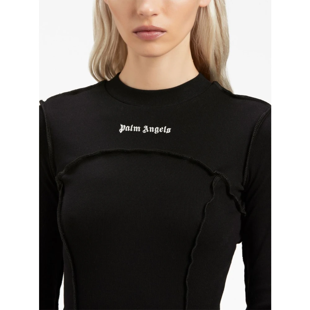 Palm Angels Zwarte Logo-Geborduurde Geribbelde Minijurk Black Dames