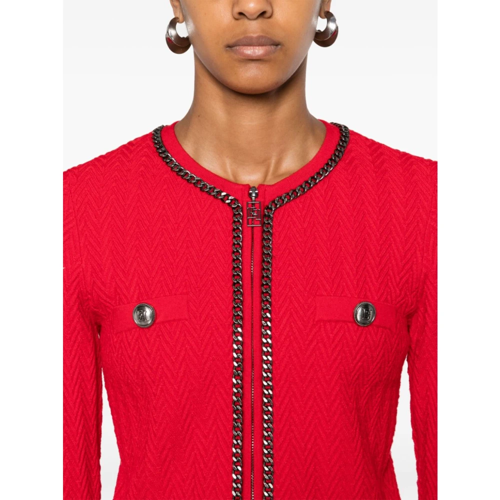 Elisabetta Franchi Karmozijn Herringbone Sweater Rits Ronde Hals Red Dames
