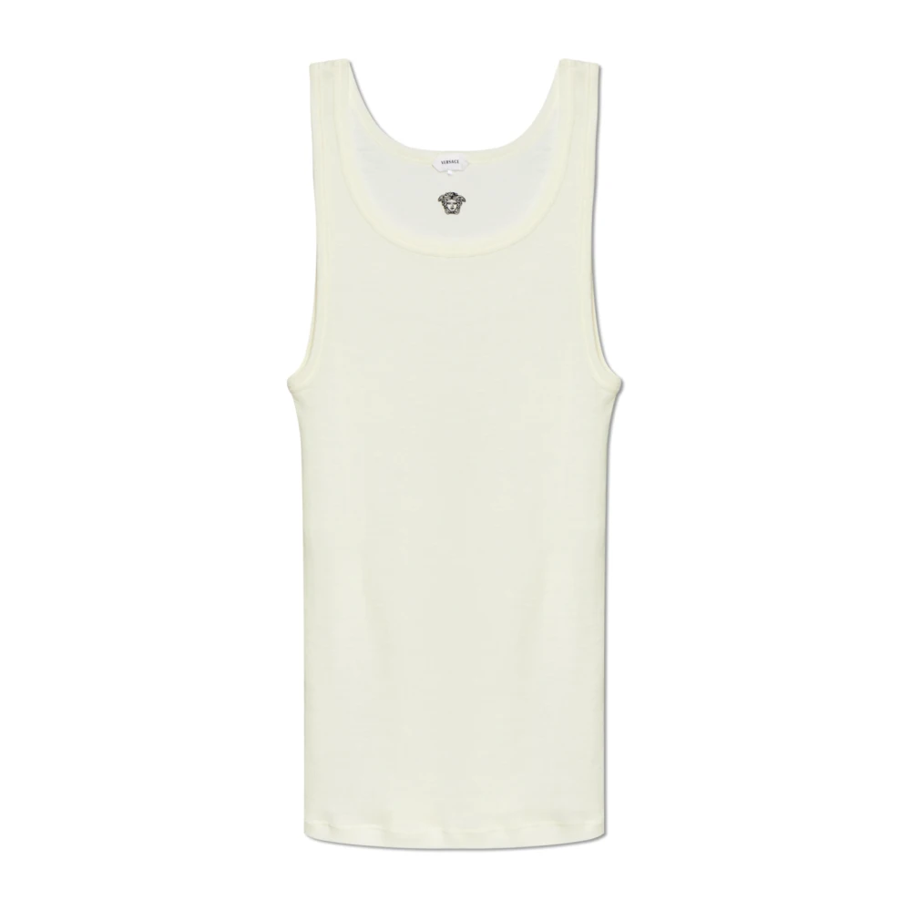 Versace Mannelijk Beige Tops Heren, M, Wol, Geborduurde Geribbelde Wollen Tanktop