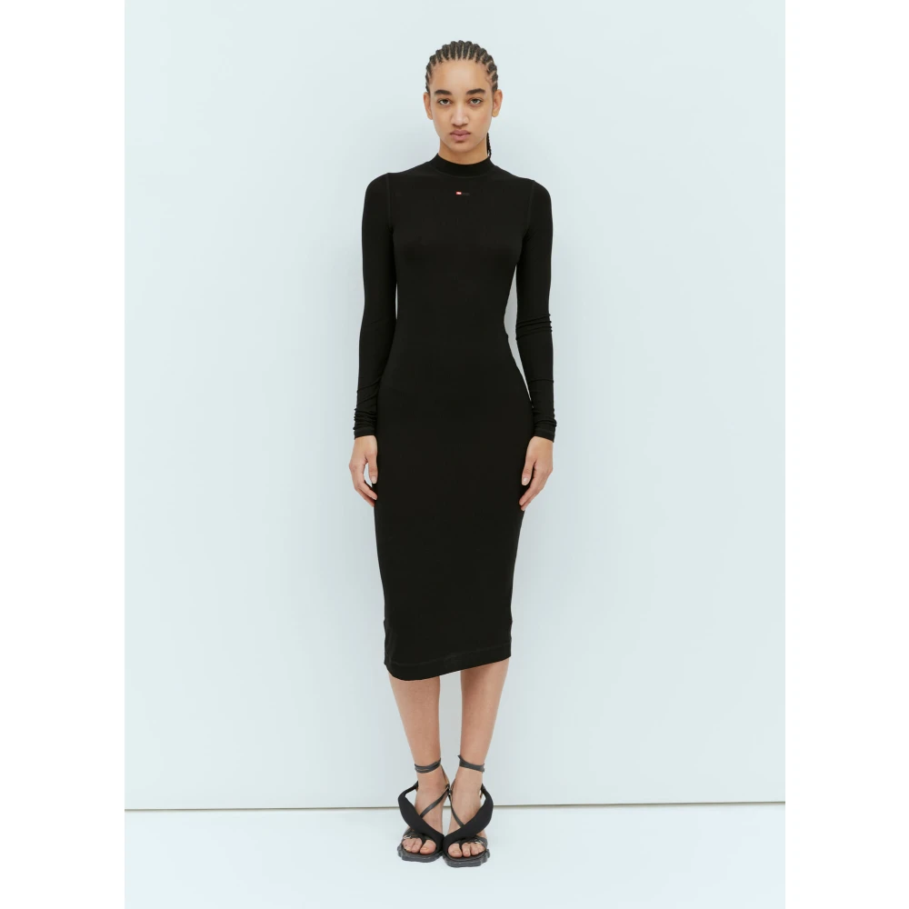 Diesel Ribgebreide Midi Jurk met Logoborduursel Black Dames