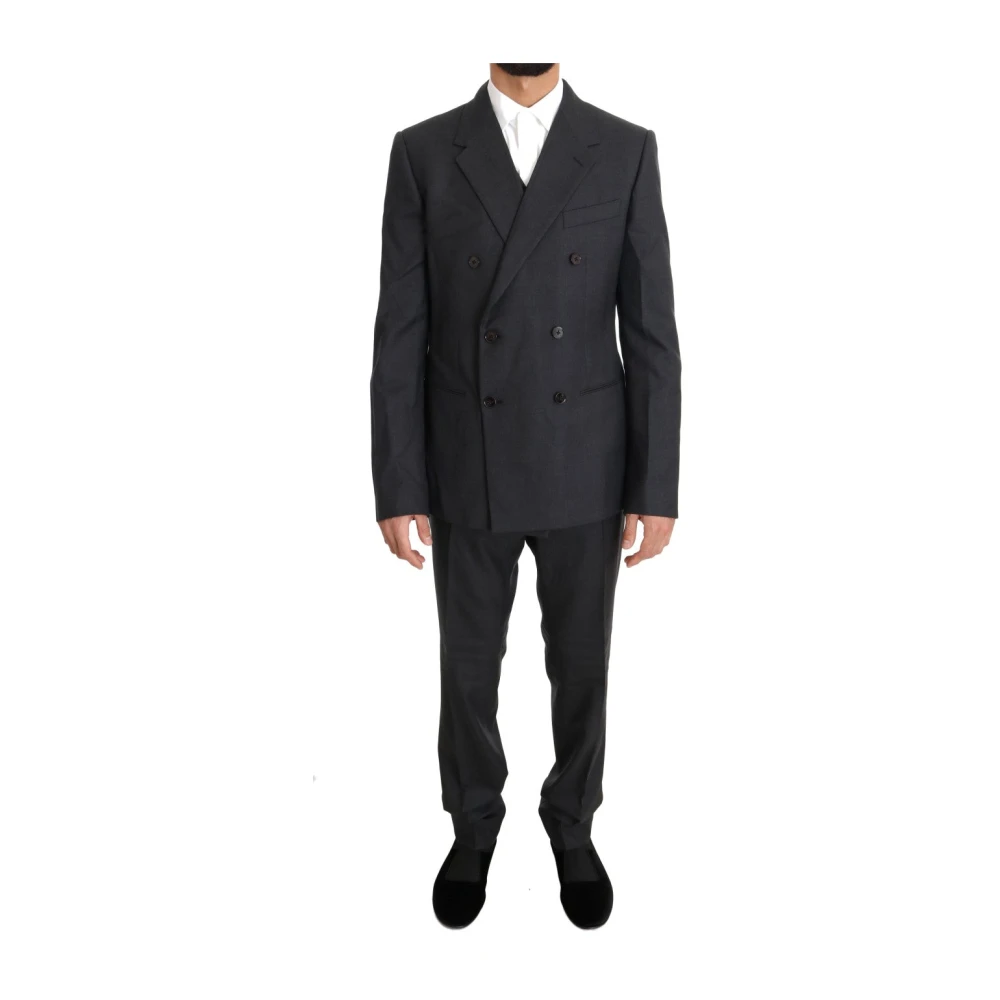 Dolce & Gabbana Men's Gray Double Breasted Suits,, Elegant Double Breasted Wool Silk Suit Large
