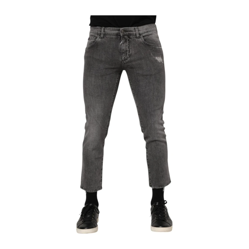 Dolce & Gabbana Men's Gray Logo Plaque Skinny Cropped Denim Jeans