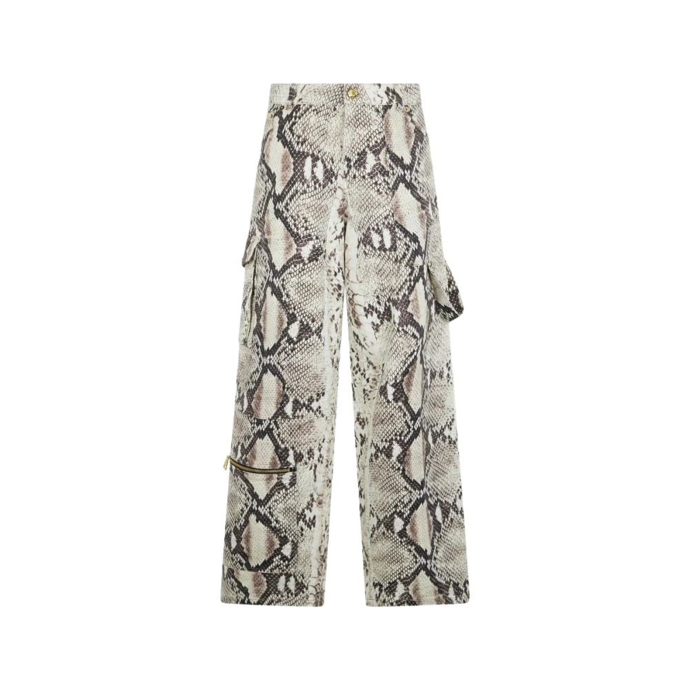 Roberto Cavalli Brown Wide Trousers, Female, M, Rock Cargo Jeans With Python Print