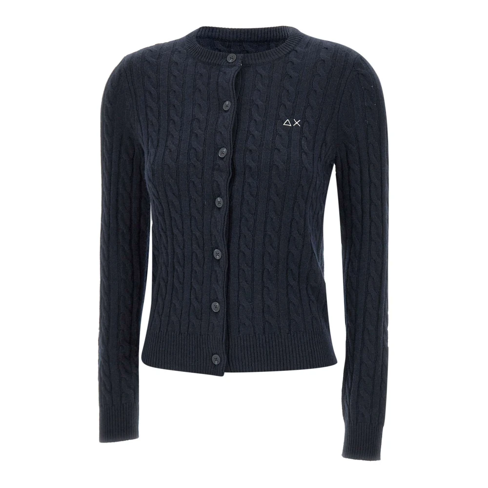 Sun68 Navy Blue Cardigan met Cable-Knit Blue Dames