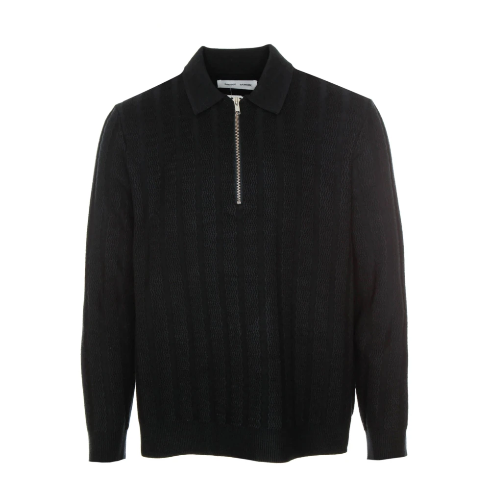 Samsøe Wave Knit Polo Sweater Blue Heren