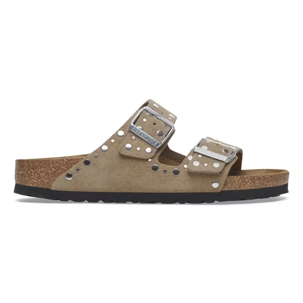 Birkenstock Women's Beige Arizona Rivet Suede Leather Sandals Narrow - Sliders - 7 Uk - Shoes