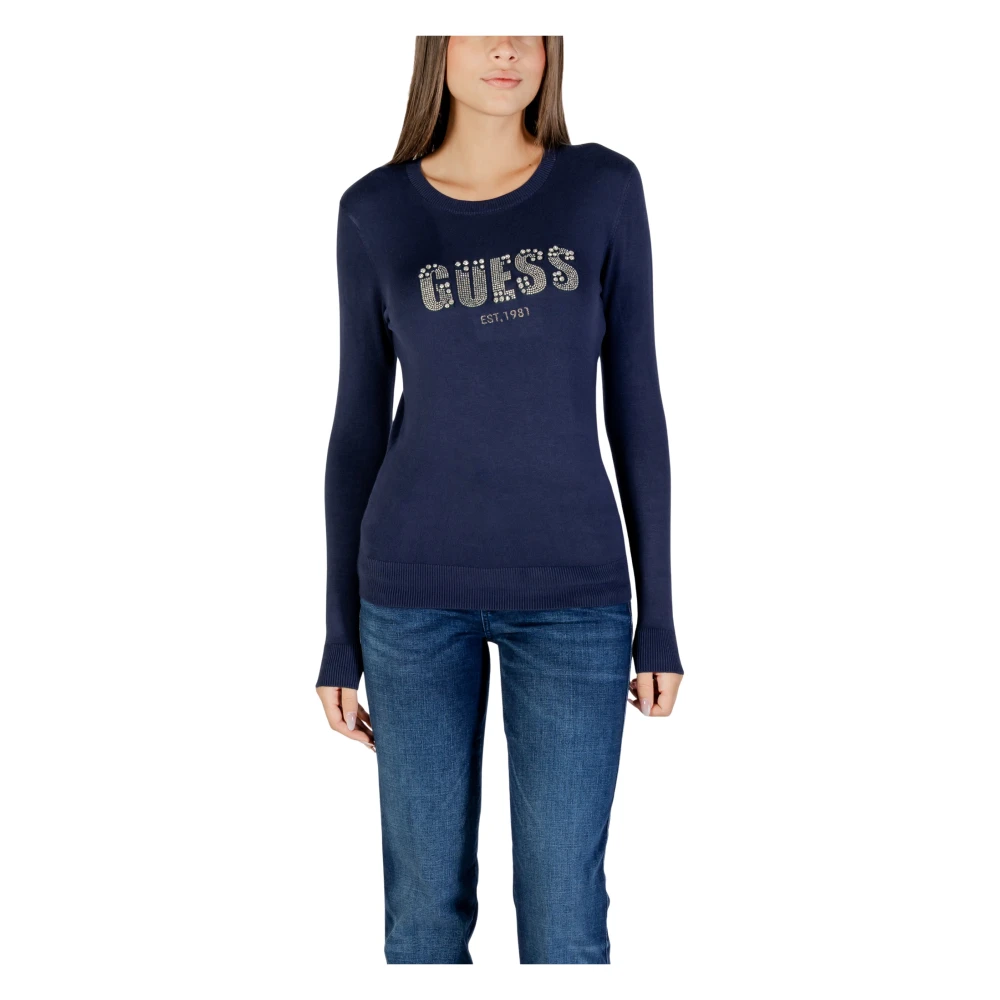 Guess Women's Blue Round-Neck Knitwear, S, Reyna Logo Jumper