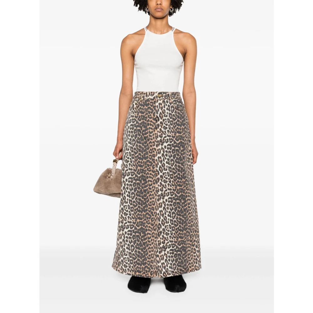 Ganni Leopard-Print Denim Midi Rok Brown Dames